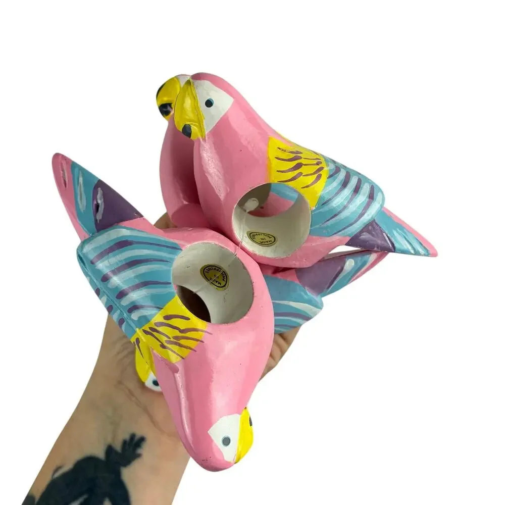 Wood Hand Painted Tropical Parrots Napkin Holders- Set/4 NWOT Pink Blue Yellow